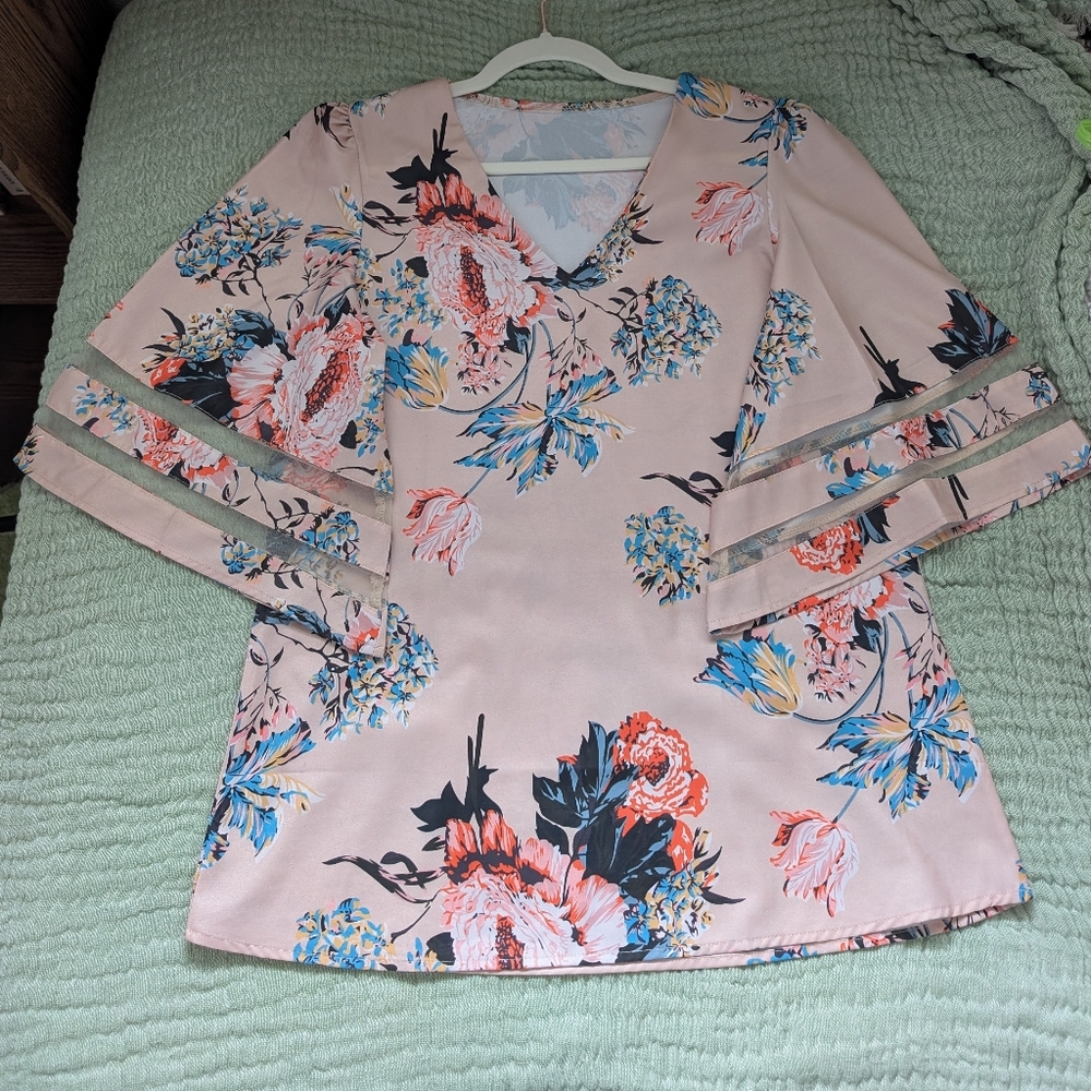 Floral Bell-Sleeve V-Neck Blouse In Apricot